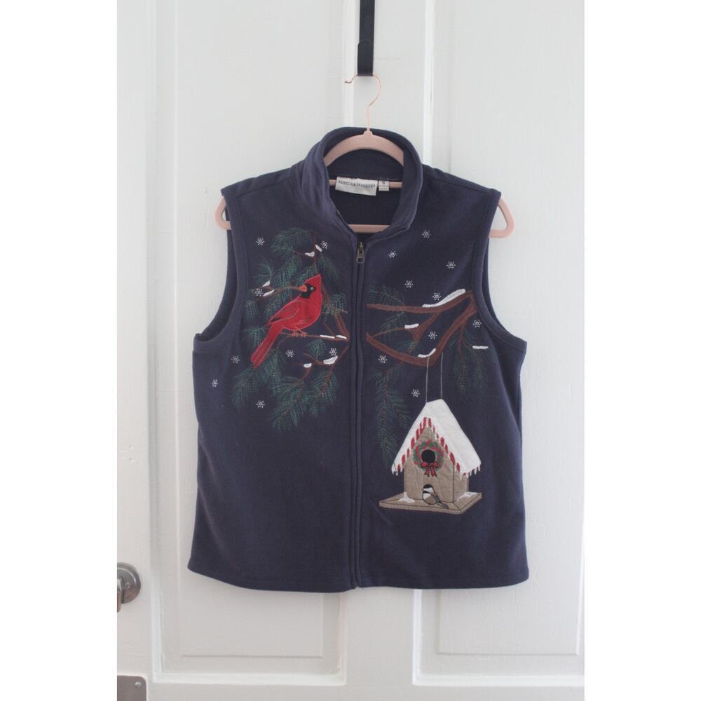 Women's Rebecca Malone Size Small fleece Vest Cardinal Birdhouse Navy Vest